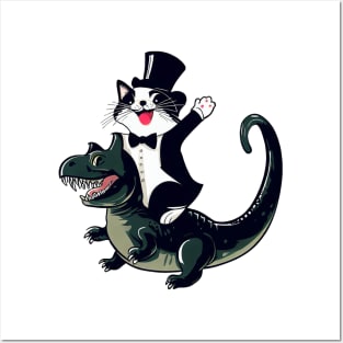 Happy cat riding a dinosaur vector funny design for cats and dinosaurs lovers Posters and Art